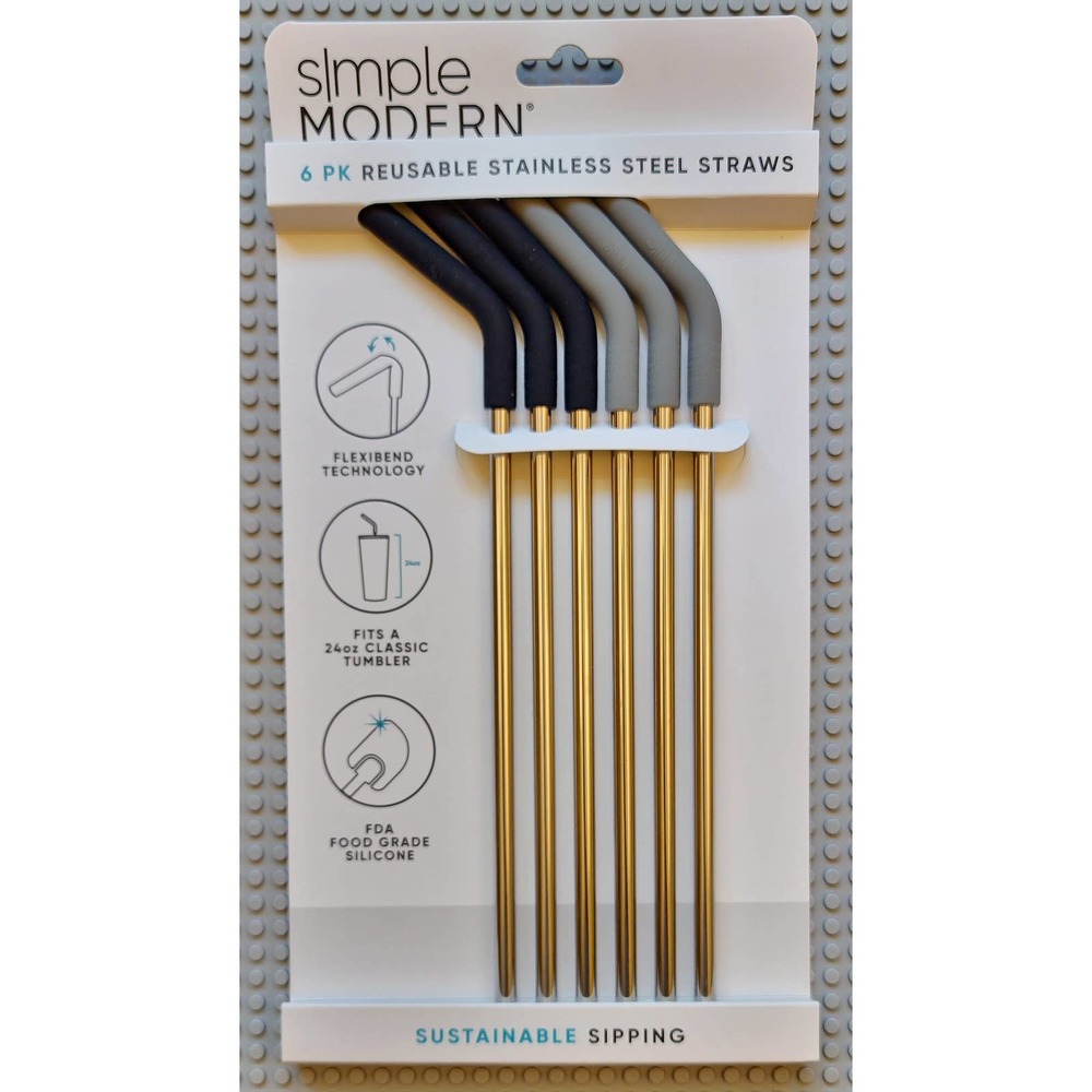 6 pack Reusable‎ Straws Stainless Steel Silver w/ Silicone Tip Black & Slate New